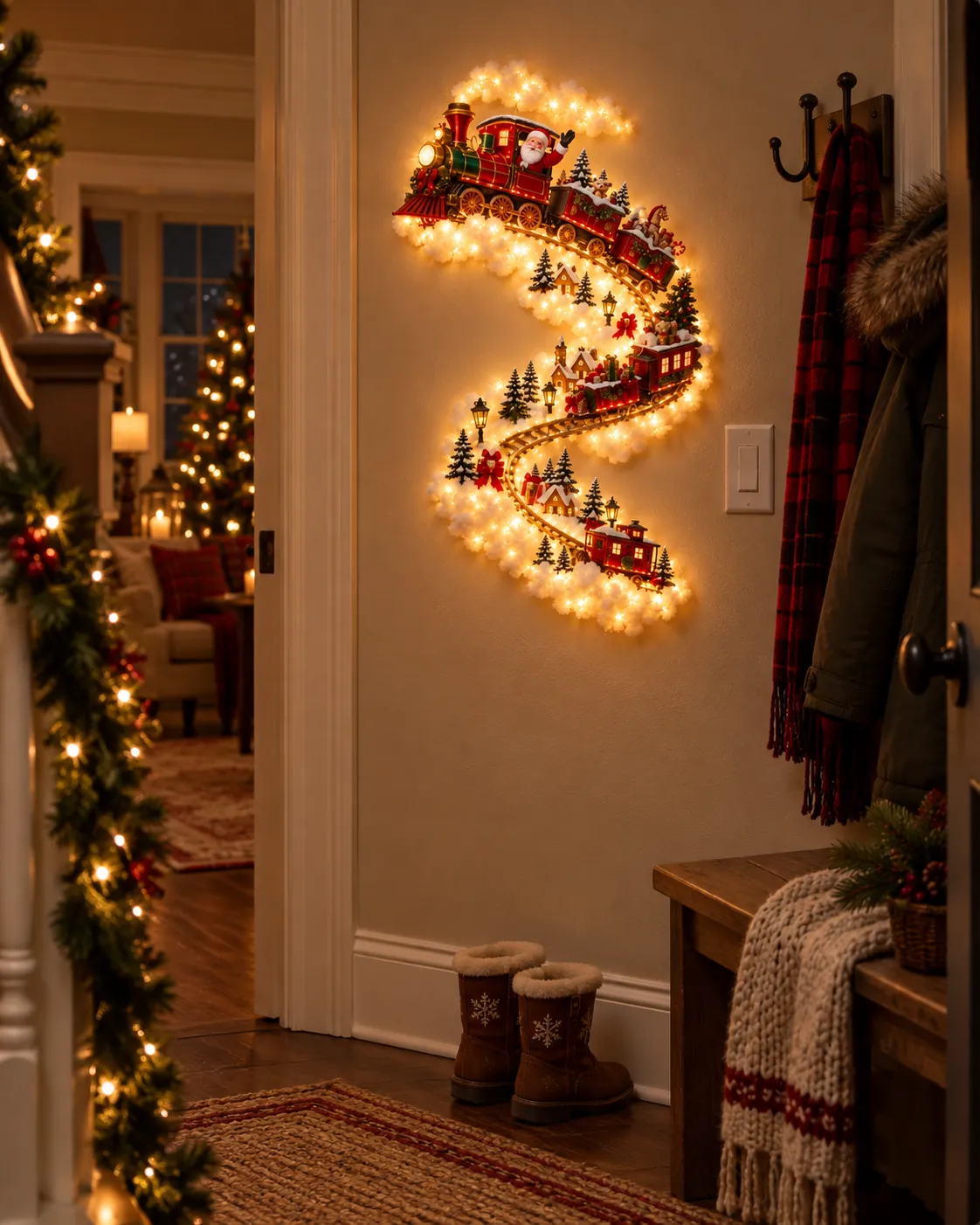 Santa Train Light in a hallway beside a light switch, shown at real size