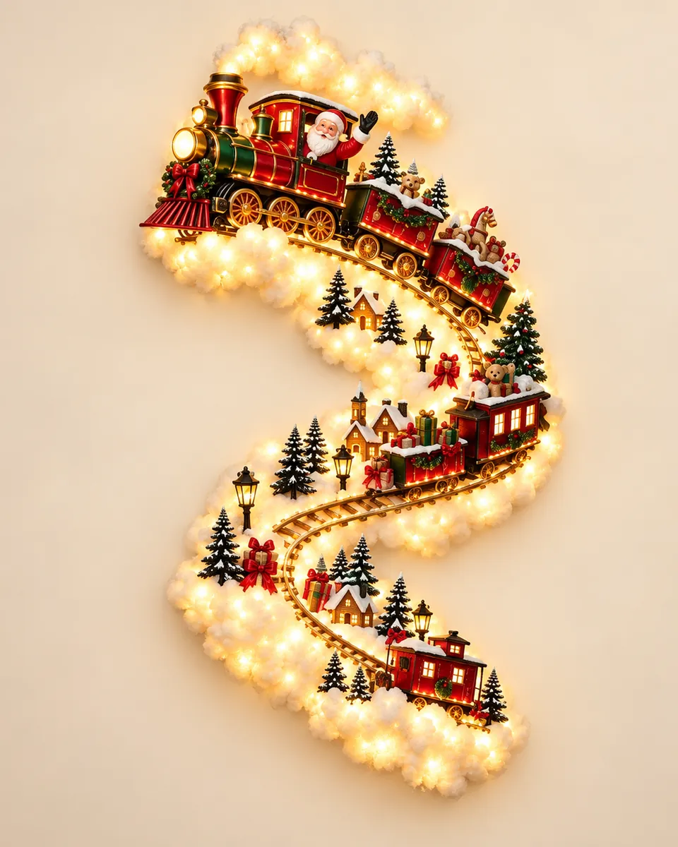 Close view: a red steam train with Santa riding down a snowy trail of warm lights